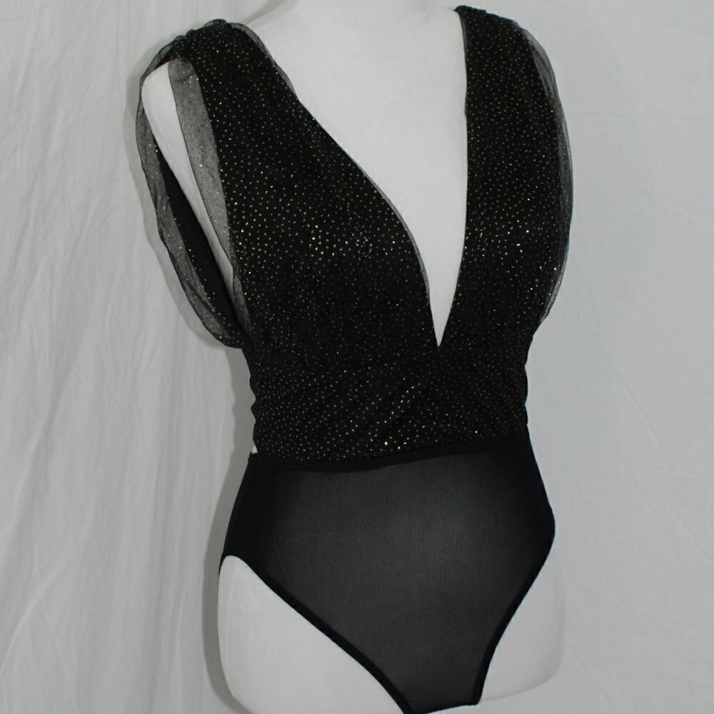 NWT NanaMacs Womens Medium Bodysuit One Piece Deep Plunge Vneck Gold Black - Picture 2 of 11